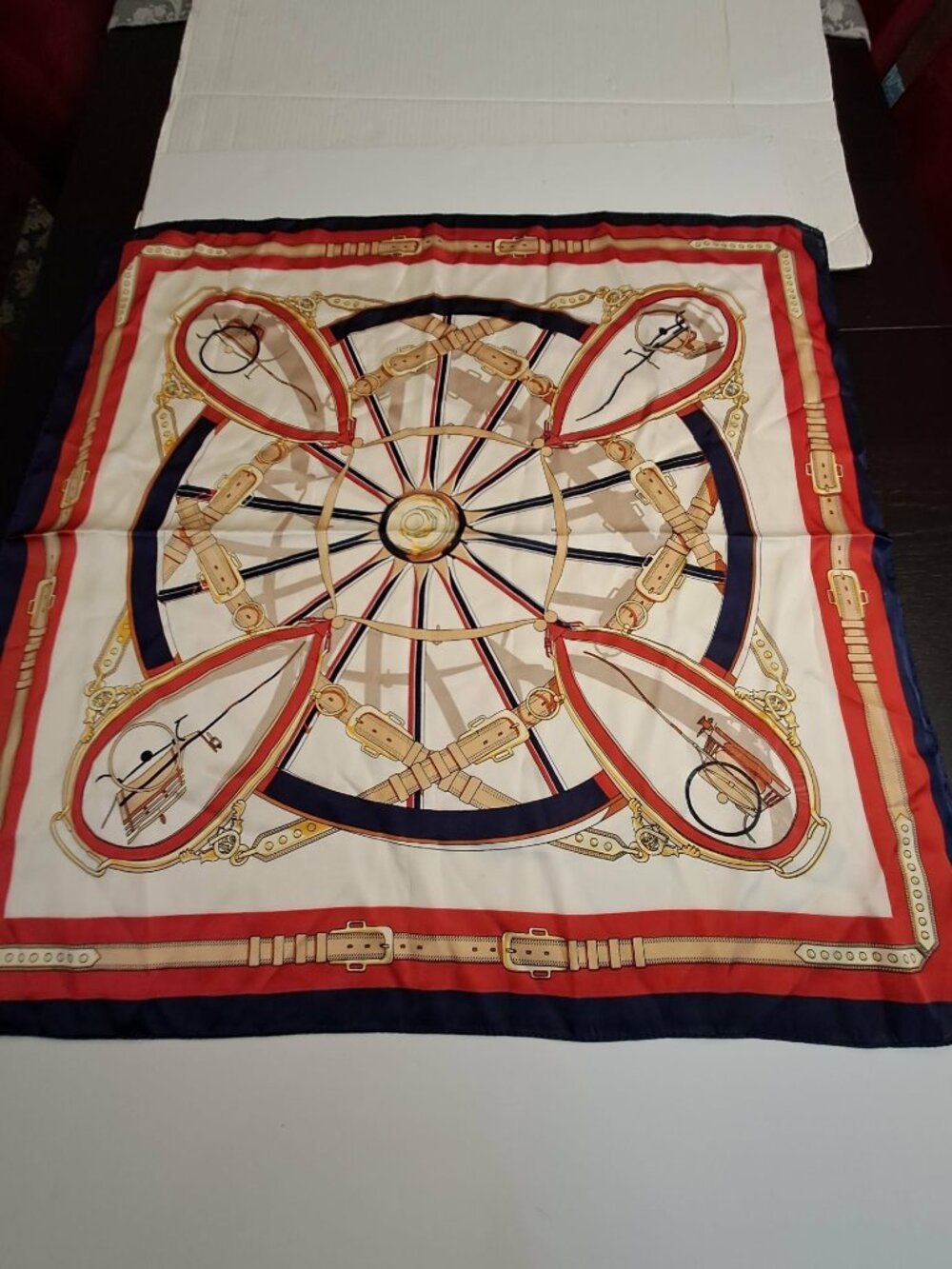 Vintage Equestrian Satin Scarf Red Navy 26x26